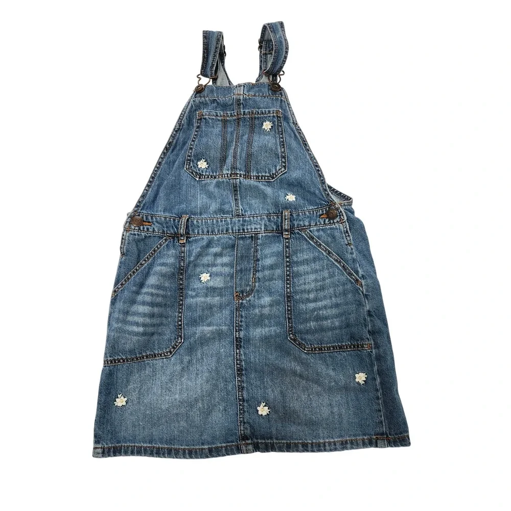 OshKosh B'gosh Girls Blue Denim Daisy Embroidered Overall Jumper Dress Size 10